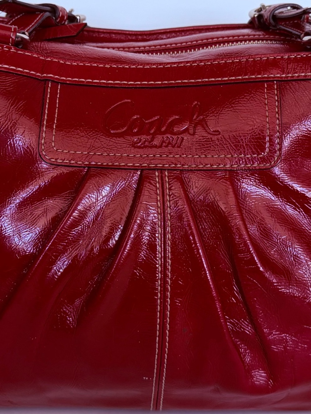 Vintage Coach Red Patent Leather Pleated Gallery Tote - F13761
